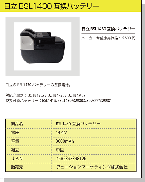 日立 互換バッテリー BSL1430